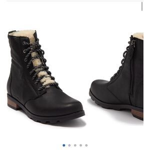 Sorel Emelie genuine shearling black leather lace up booties size 8 NWB